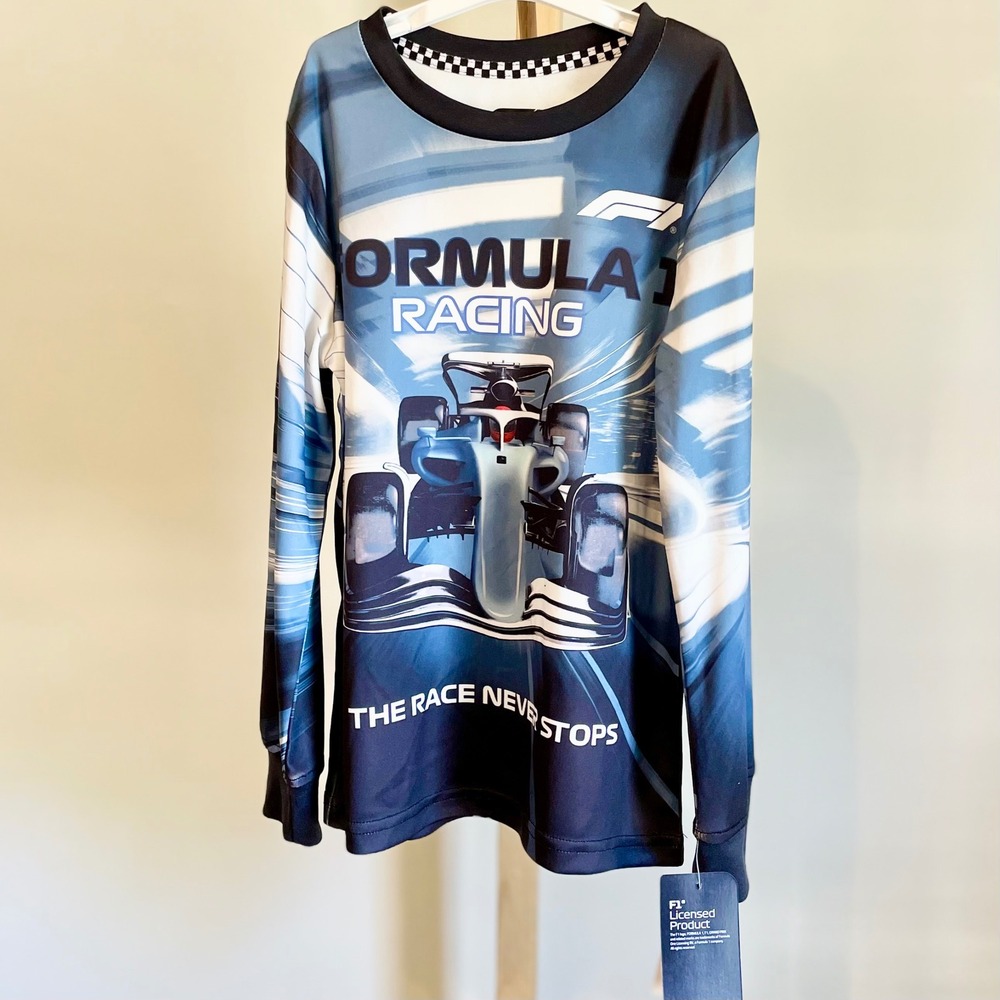 Formula 1 Racing Kids Long Sleeve Graphic Tee Blue Black F1 Hybrid Apparel XS